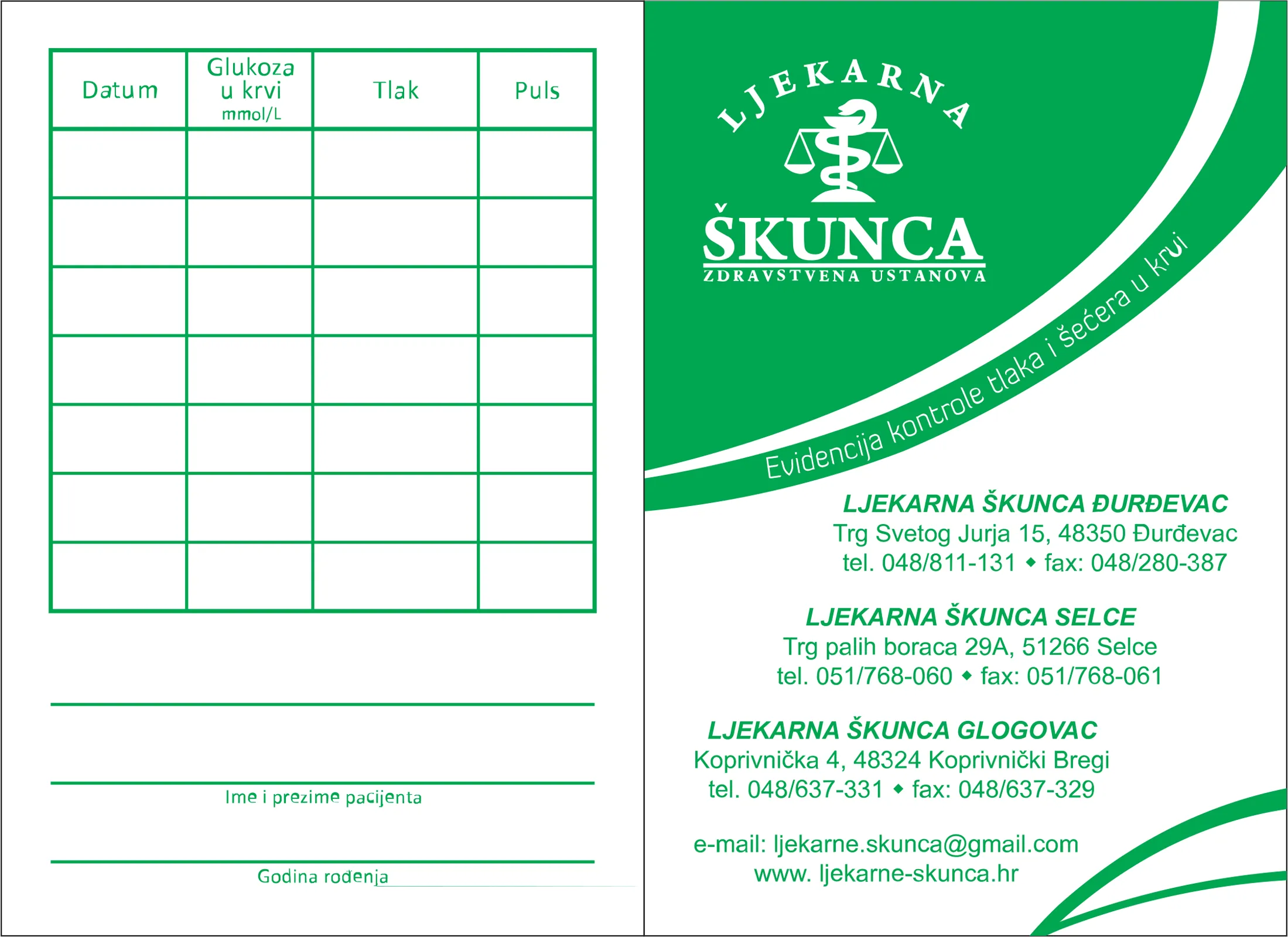 Karton za evidenciju kontrole tlaka i šećera u krvi